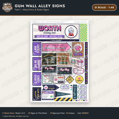 Alpine Railworks 31080O O Scale Roadside Signs - Bubblegum Alley