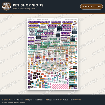 Alpine Railworks 30663N N Scale Pet Shop Signs - Grooming Salon
