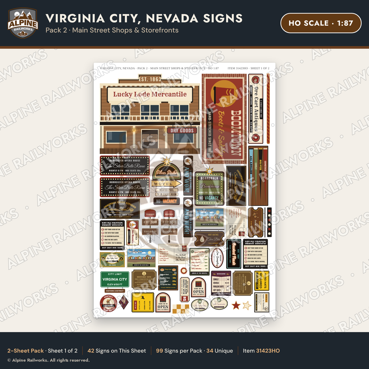 Alpine Railworks 31423HO HO Scale Virginia City NV Signs - Shops