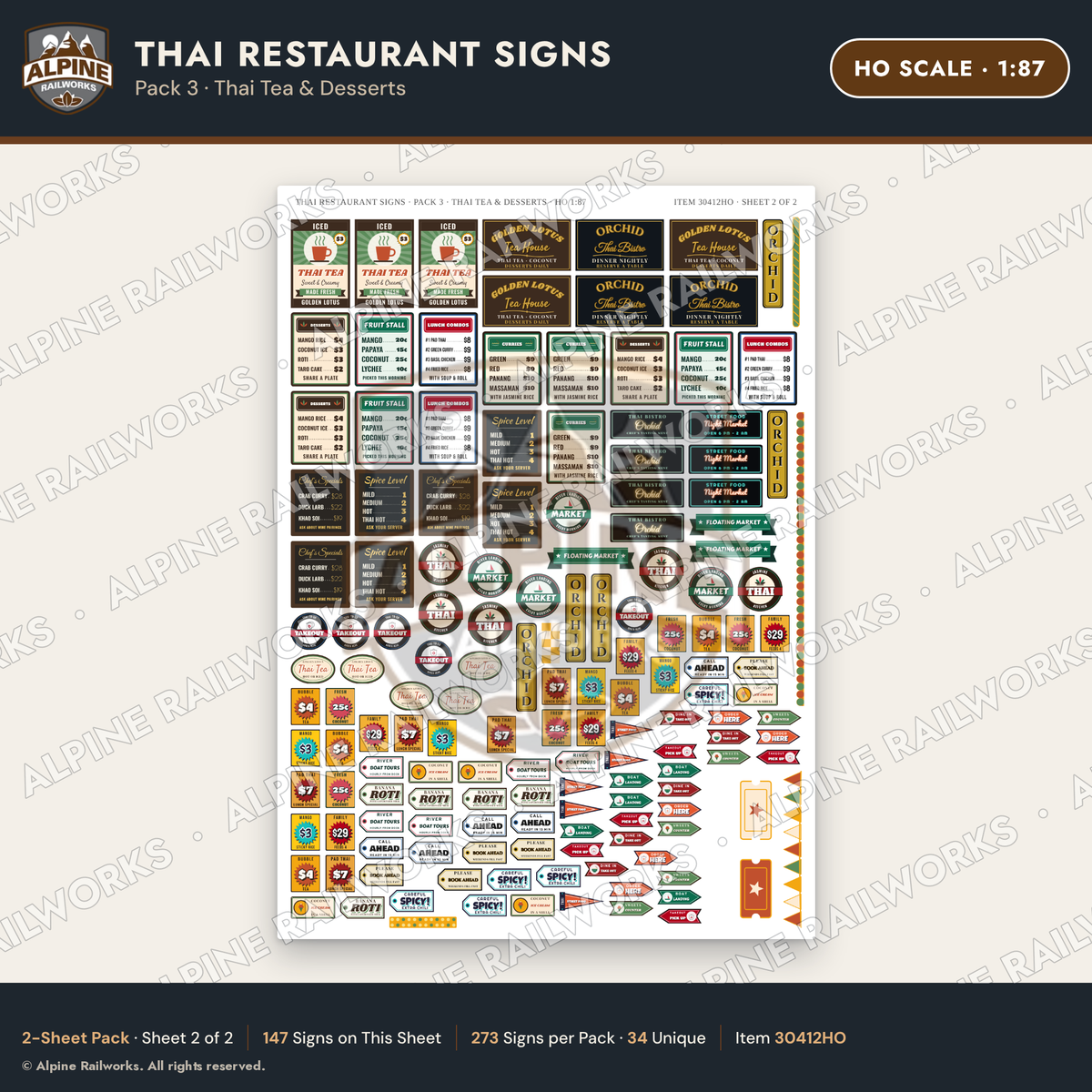 Alpine Railworks 30412HO HO Scale Thai Restaurant Signs - Thai Tea