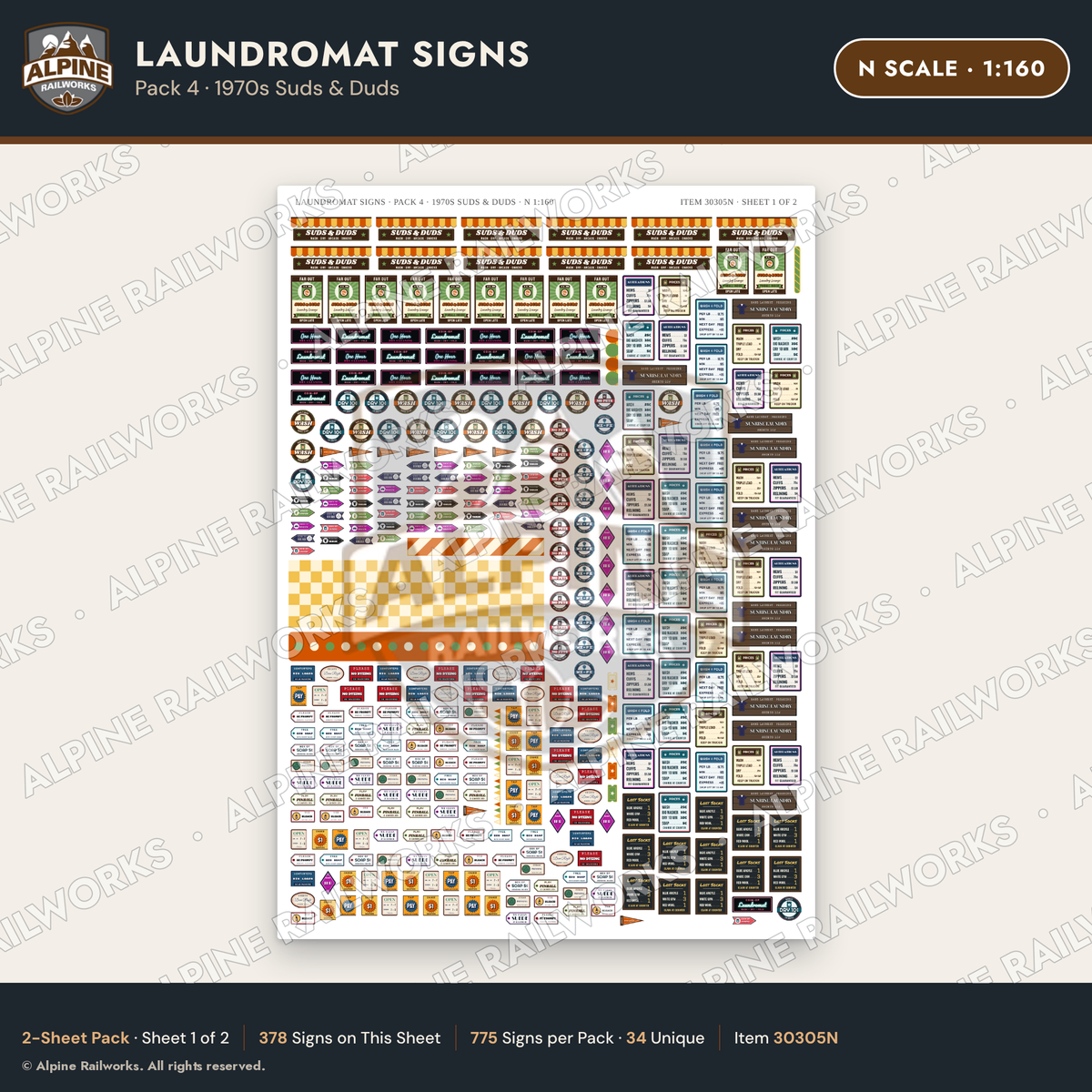 Alpine Railworks 30305N N Scale Laundromat Signs - 1970s Suds & Duds