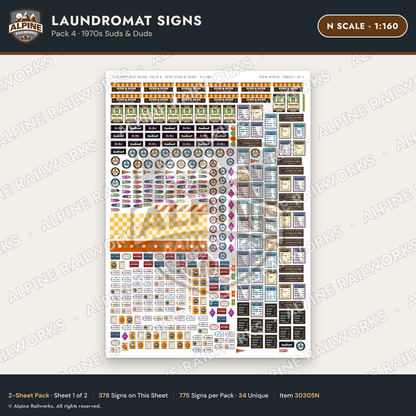 Alpine Railworks 30305N N Scale Laundromat Signs - 1970s Suds & Duds