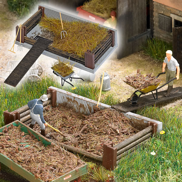 Busch 1526 HO Scale Compost Pile w/Concrete Baseplate and Wooden Side Beams (plastic and wood) -- With Scatter Material and Accessories 57 X30mm