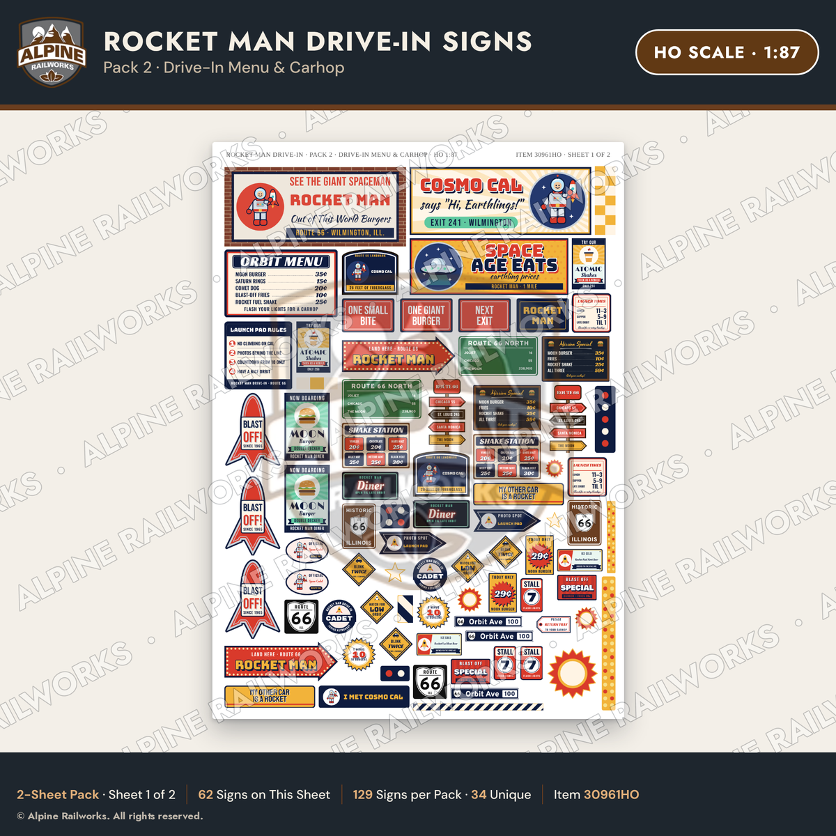 Alpine Railworks 30961HO HO Scale Roadside Signs - Spaceman Drive-In