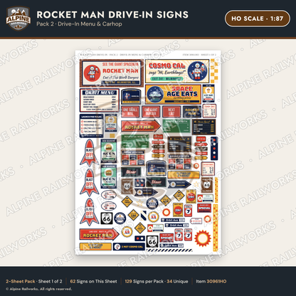 Alpine Railworks 30961HO HO Scale Roadside Signs - Spaceman Drive-In