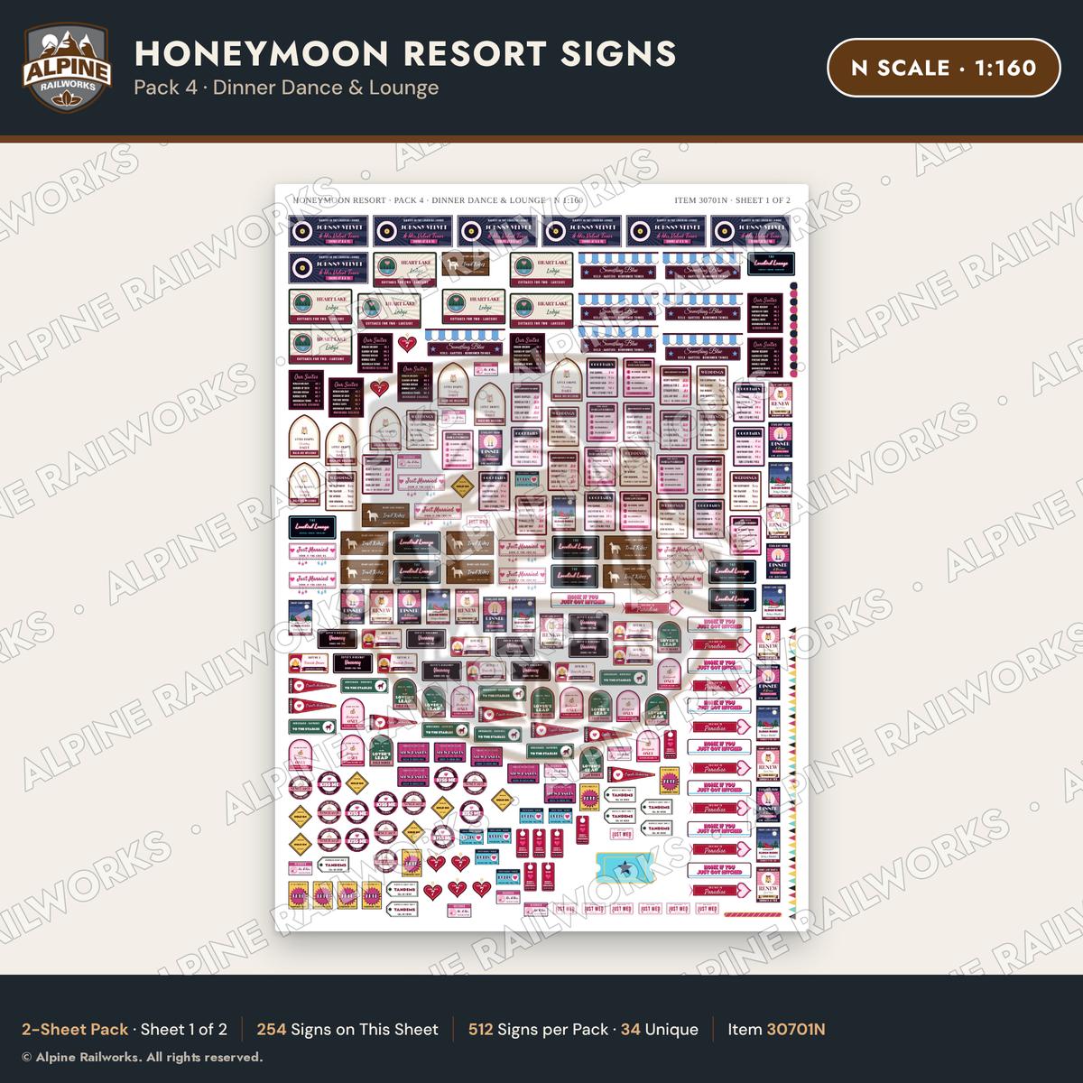 Alpine Railworks 30701N N Scale Honeymoon Resort Signs - Dinner Dance