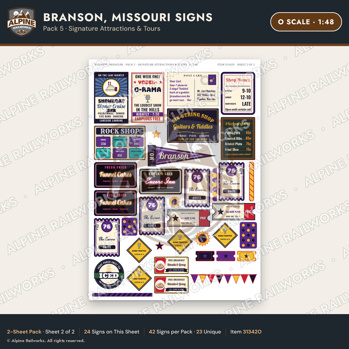 Alpine Railworks 31342O O Scale Branson MO Signs - Attractions & Tours