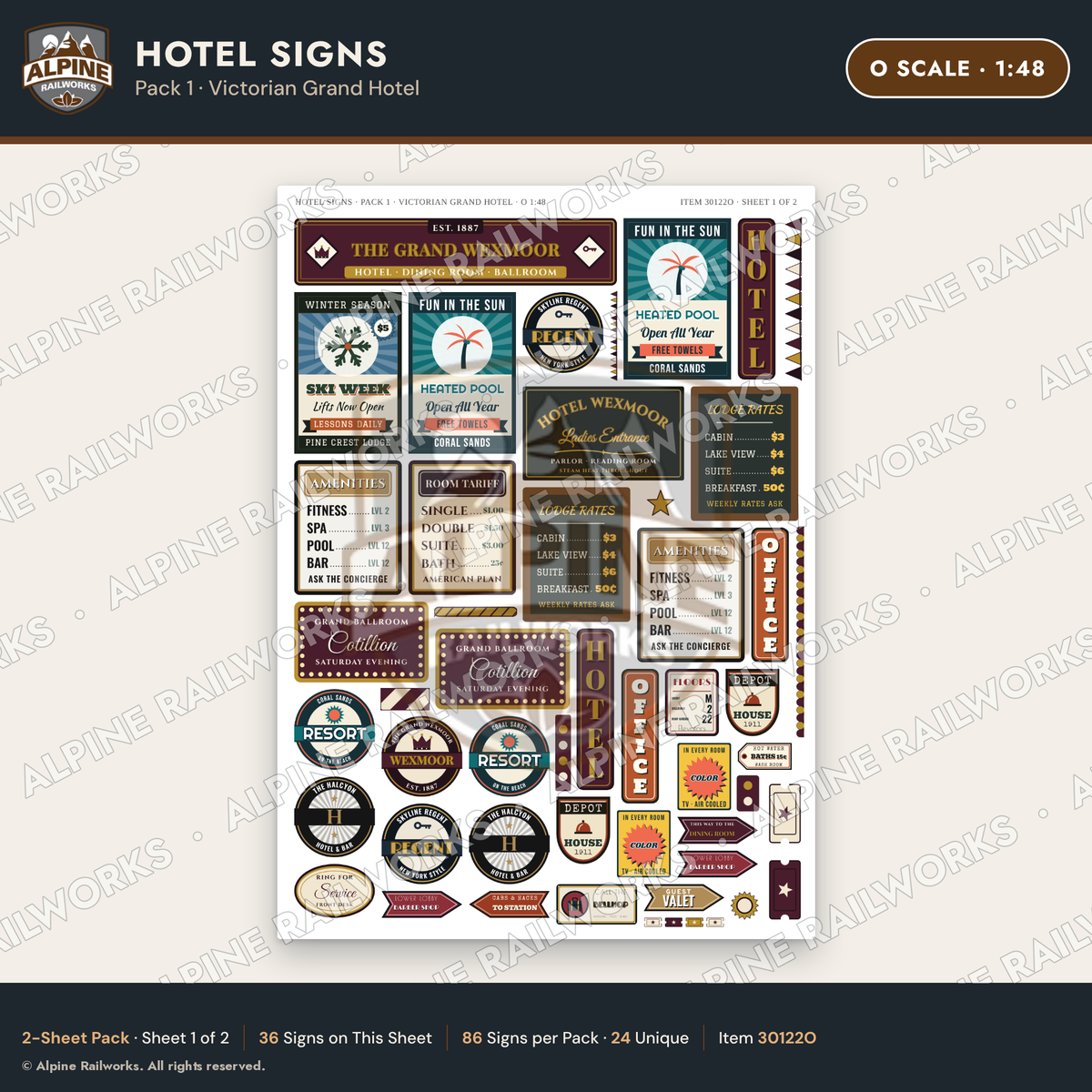 Alpine Railworks 30122O O Scale Hotel Signs - Victorian Grand Hotel