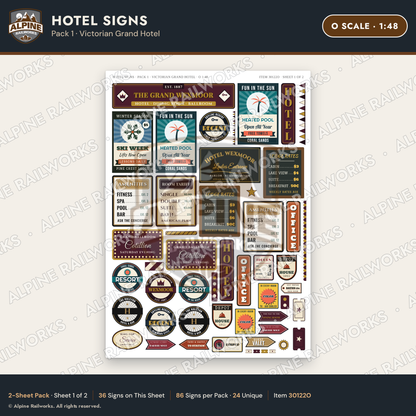 Alpine Railworks 30122O O Scale Hotel Signs - Victorian Grand Hotel