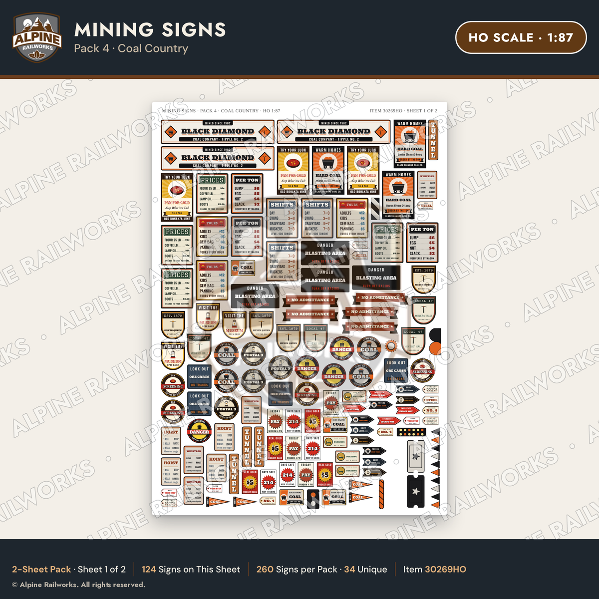 Alpine Railworks 30269HO HO Scale Mining Signs - Coal Country