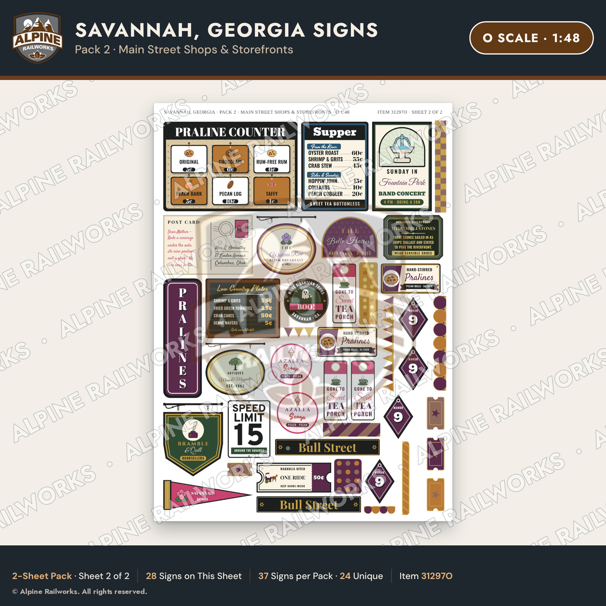 Alpine Railworks 31297O O Scale Savannah GA Signs - Main Street Shops
