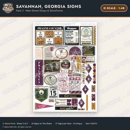 Alpine Railworks 31297O O Scale Savannah GA Signs - Main Street Shops
