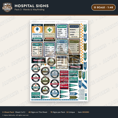 Alpine Railworks 30328O O Scale Hospital Signs - Wards & Wayfinding