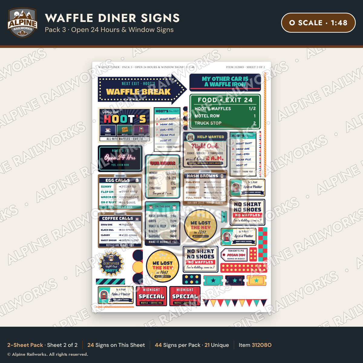 Alpine Railworks 31208O O Scale Waffle Diner Signs - Open 24 Hours