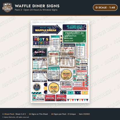 Alpine Railworks 31208O O Scale Waffle Diner Signs - Open 24 Hours