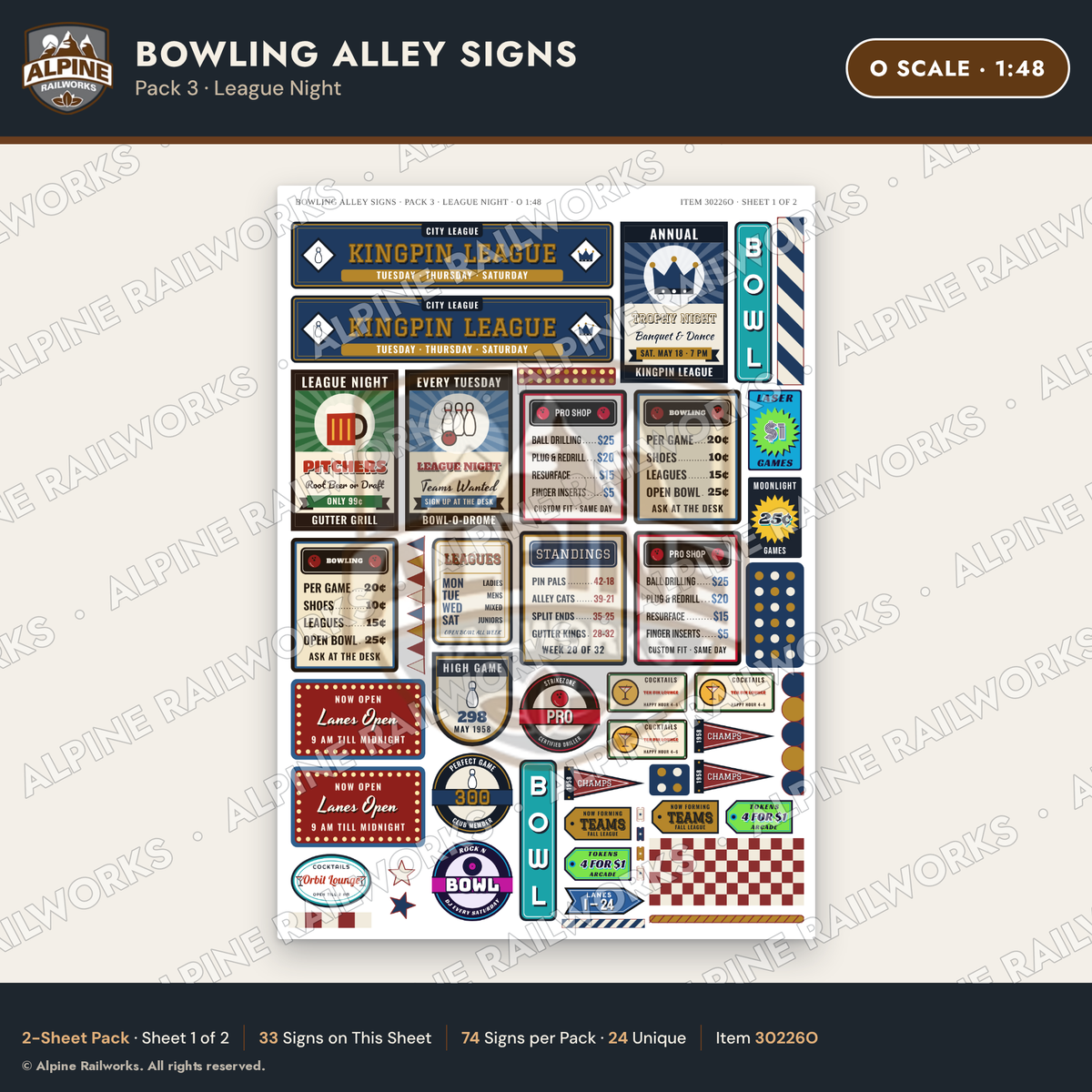 Alpine Railworks 30226O O Scale Bowling Alley Signs - League Night
