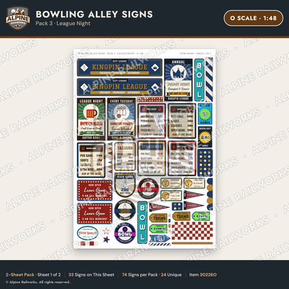 Alpine Railworks 30226O O Scale Bowling Alley Signs - League Night