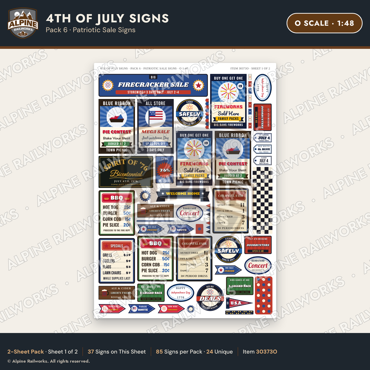 Alpine Railworks 30373O O Scale 4th of July Signs - Patriotic Sale