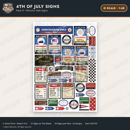 Alpine Railworks 30373O O Scale 4th of July Signs - Patriotic Sale