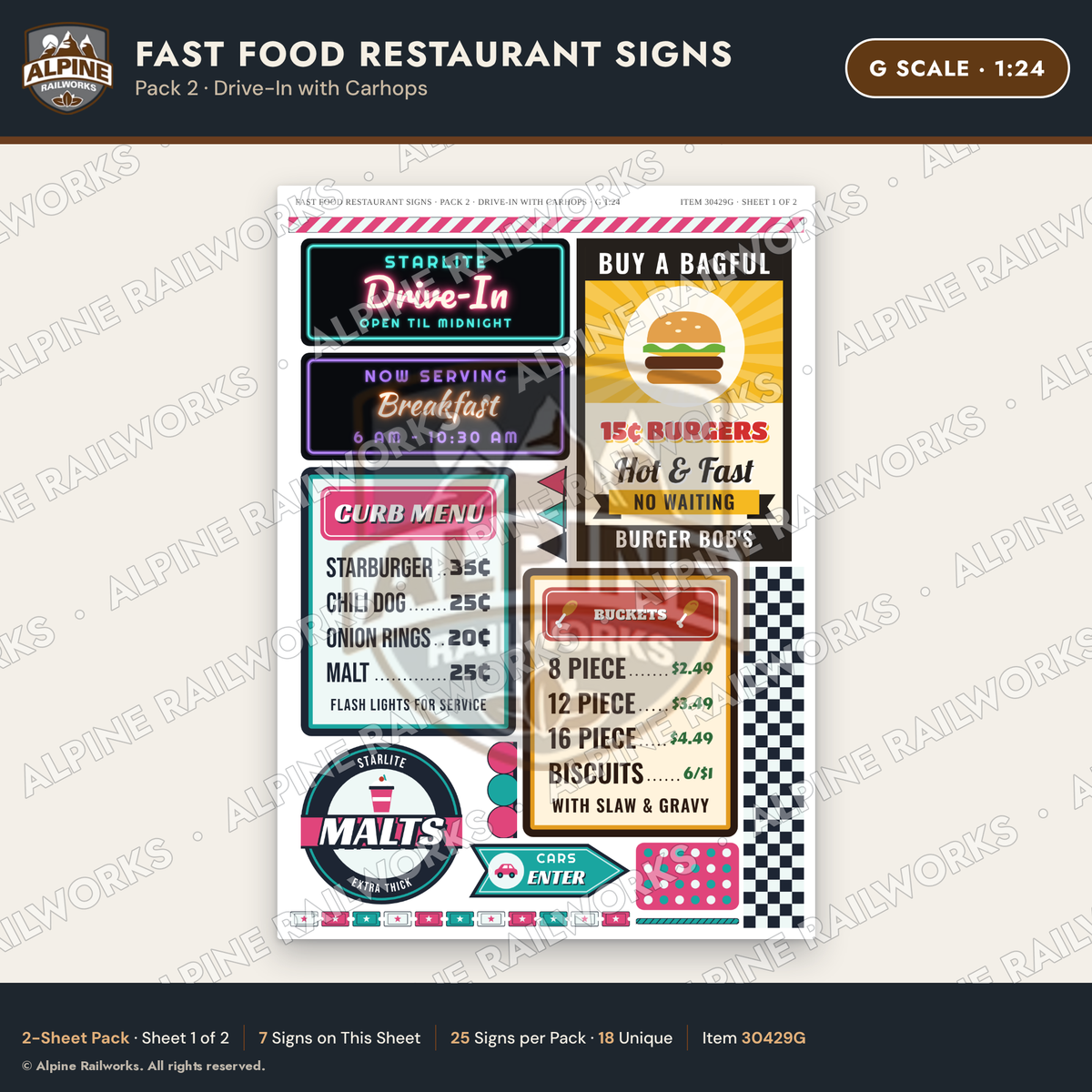 Alpine Railworks 30429G G Scale Fast Food Restaurant Signs