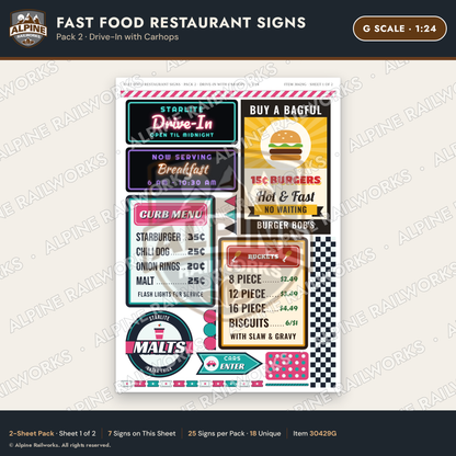 Alpine Railworks 30429G G Scale Fast Food Restaurant Signs