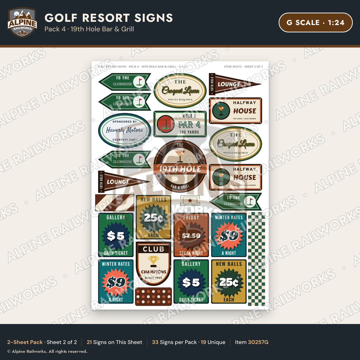Alpine Railworks 30257G G Scale Golf Resort Signs - 19th Hole Bar