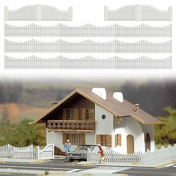 Busch 6009 HO Scale Fences -- Garden Fence Set 40" w/4 Gates (white)