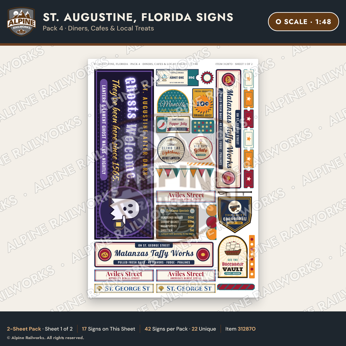 Alpine Railworks 31287O O Scale St. Augustine FL Signs - Diners