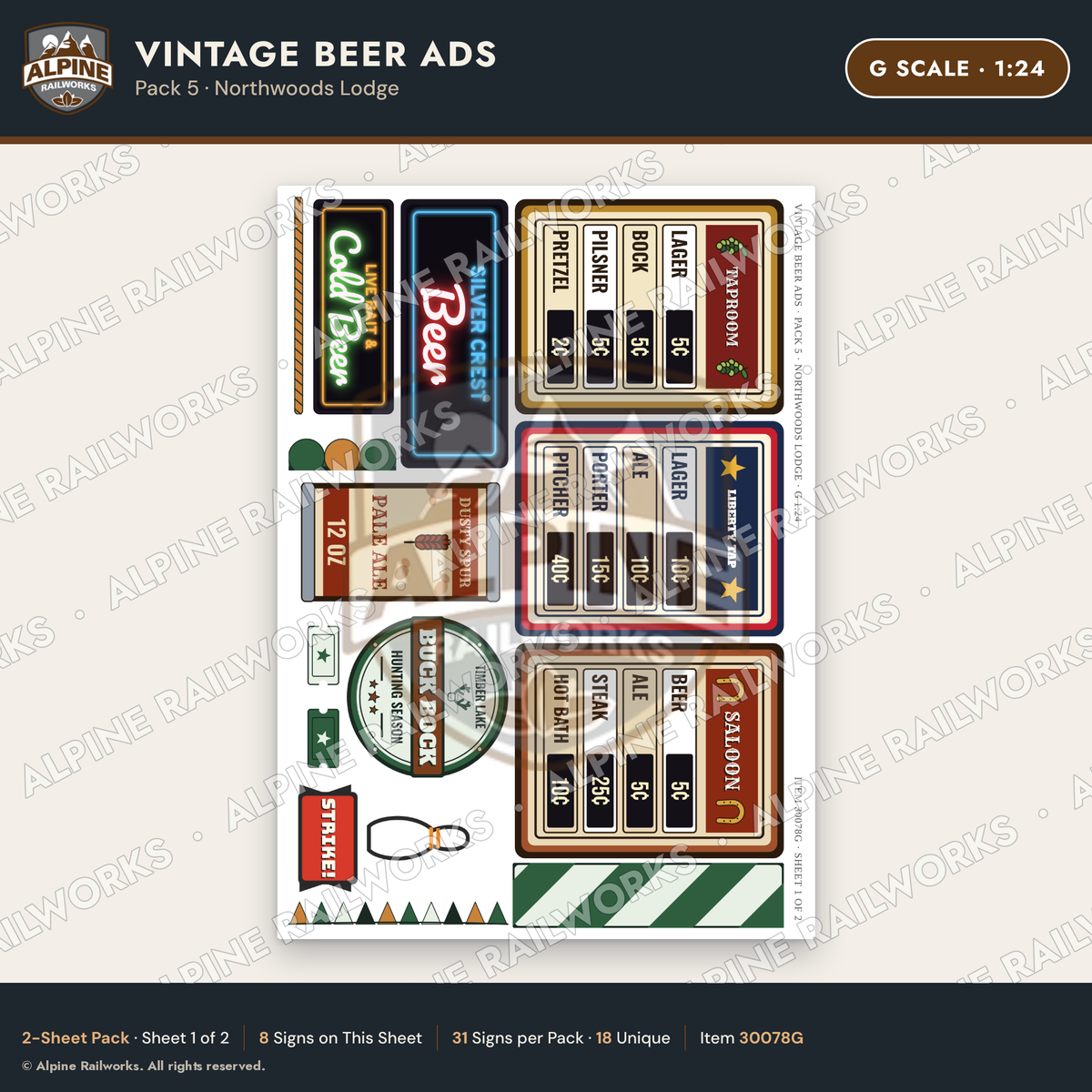 Alpine Railworks 30078G G Scale Vintage Beer Ads - Northwoods Lodge