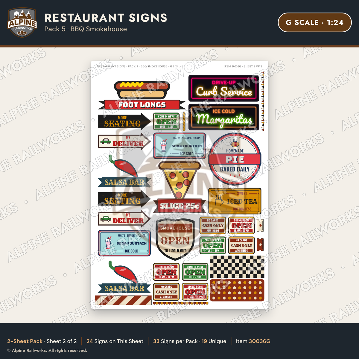 Alpine Railworks 30036G G Scale Restaurant Signs - BBQ Smokehouse