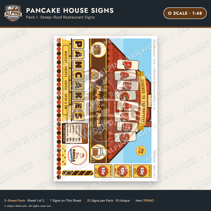 Alpine Railworks 31194O O Scale Pancake House Signs - Restaurant Front