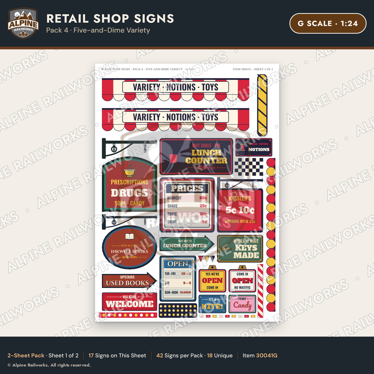 Alpine Railworks 30041G G Scale Retail Shop Signs