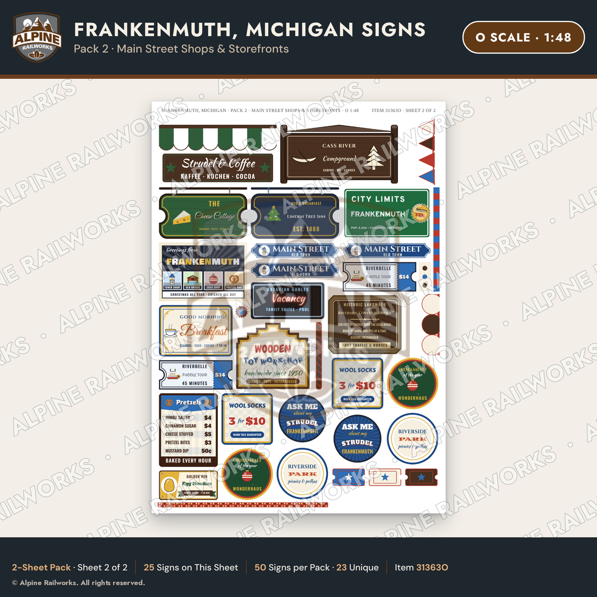 Alpine Railworks 31363O O Scale Frankenmuth MI Signs - Shops