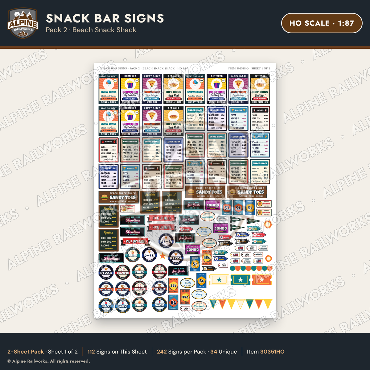 Alpine Railworks 30351HO HO Scale Snack Bar Signs - Beach Snack Shack