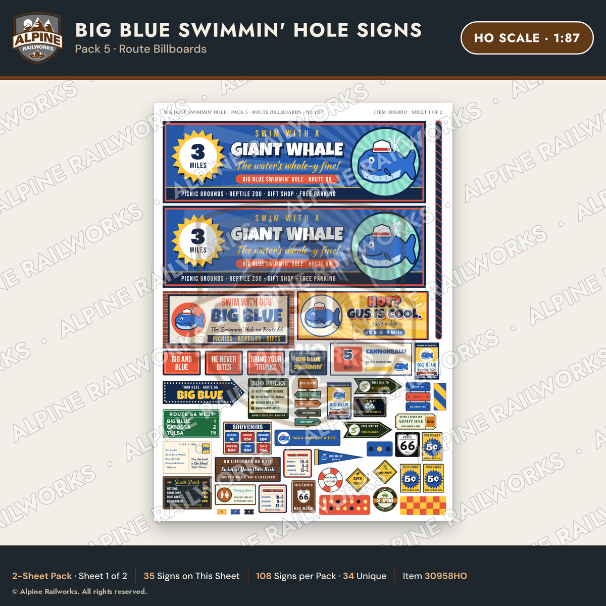 Alpine Railworks 30958HO HO Scale Roadside Signs - Blue Whale