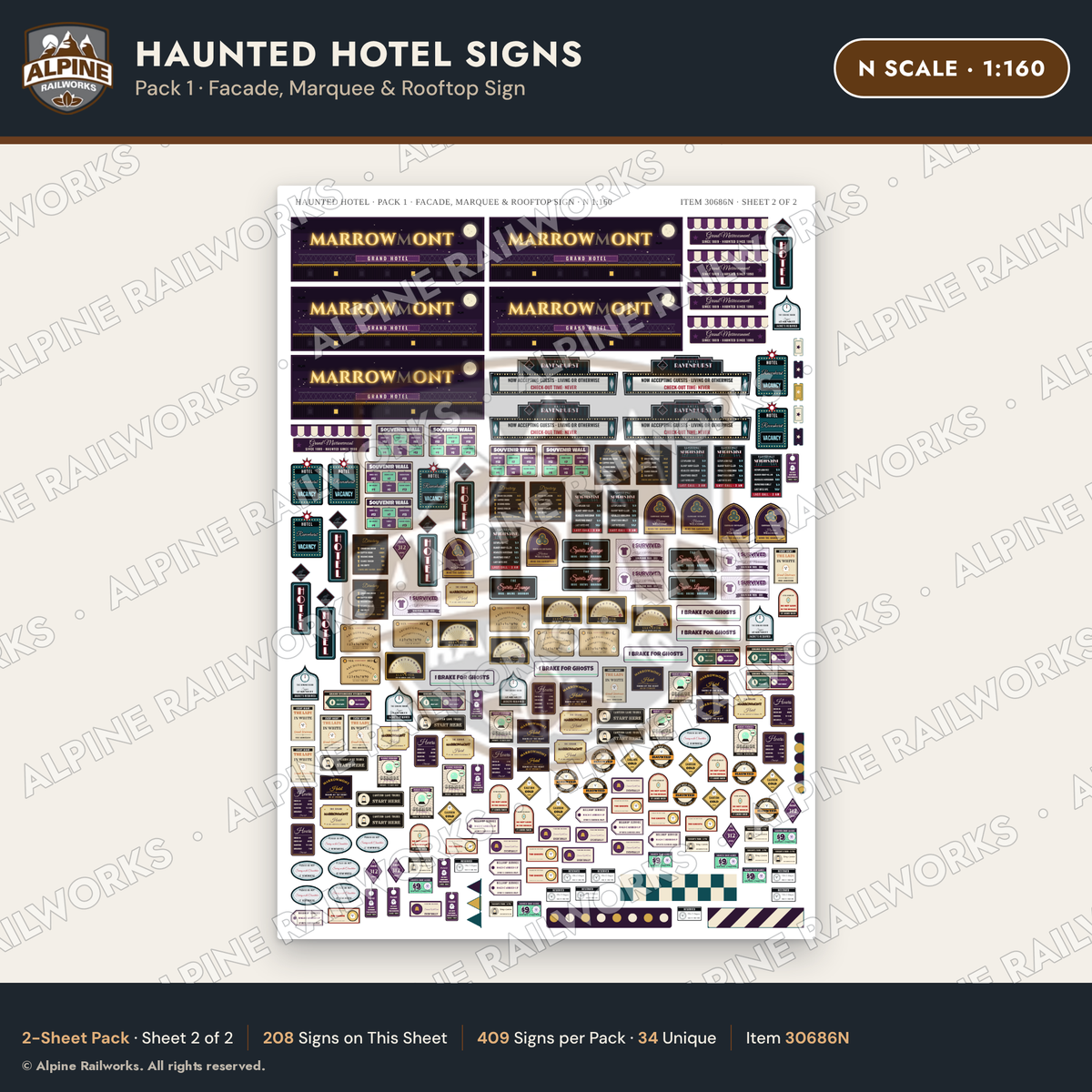 Alpine Railworks 30686N N Scale Haunted Hotel Signs - Facade & Marquee