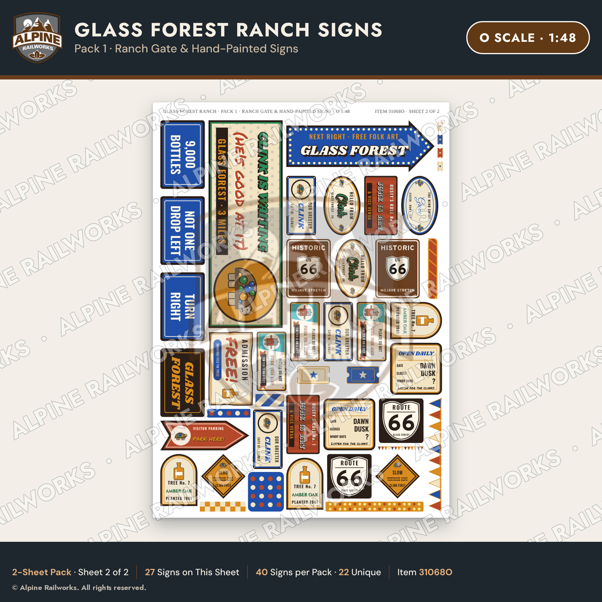 Alpine Railworks 31068O O Scale Roadside Signs - Bottle Tree Ranch