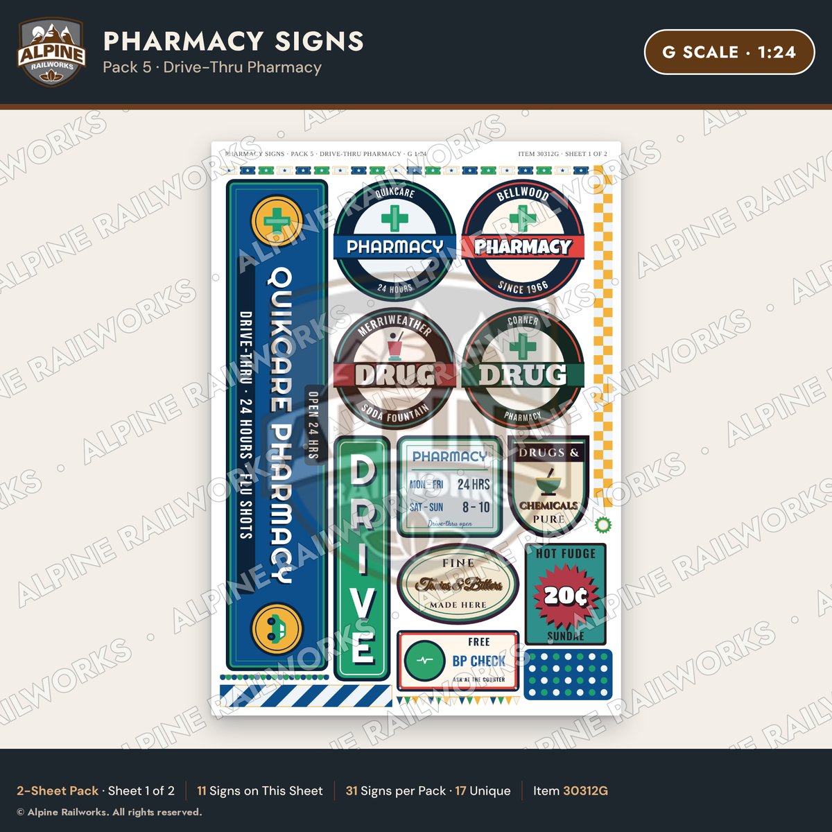 Alpine Railworks 30312G G Scale Pharmacy Signs - Drive-Thru Pharmacy
