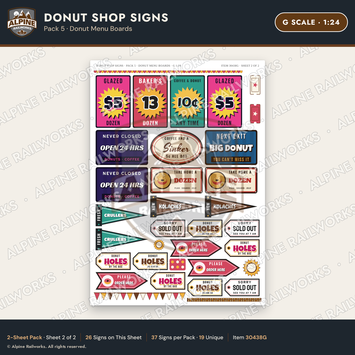 Alpine Railworks 30438G G Scale Donut Shop Signs - Donut Menu Boards