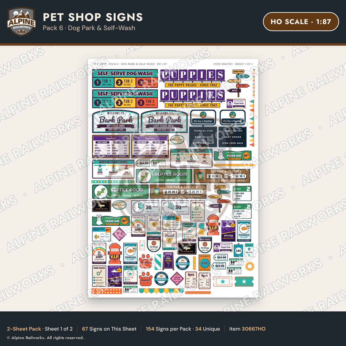 Alpine Railworks 30667HO HO Scale Pet Shop Signs - Dog Park