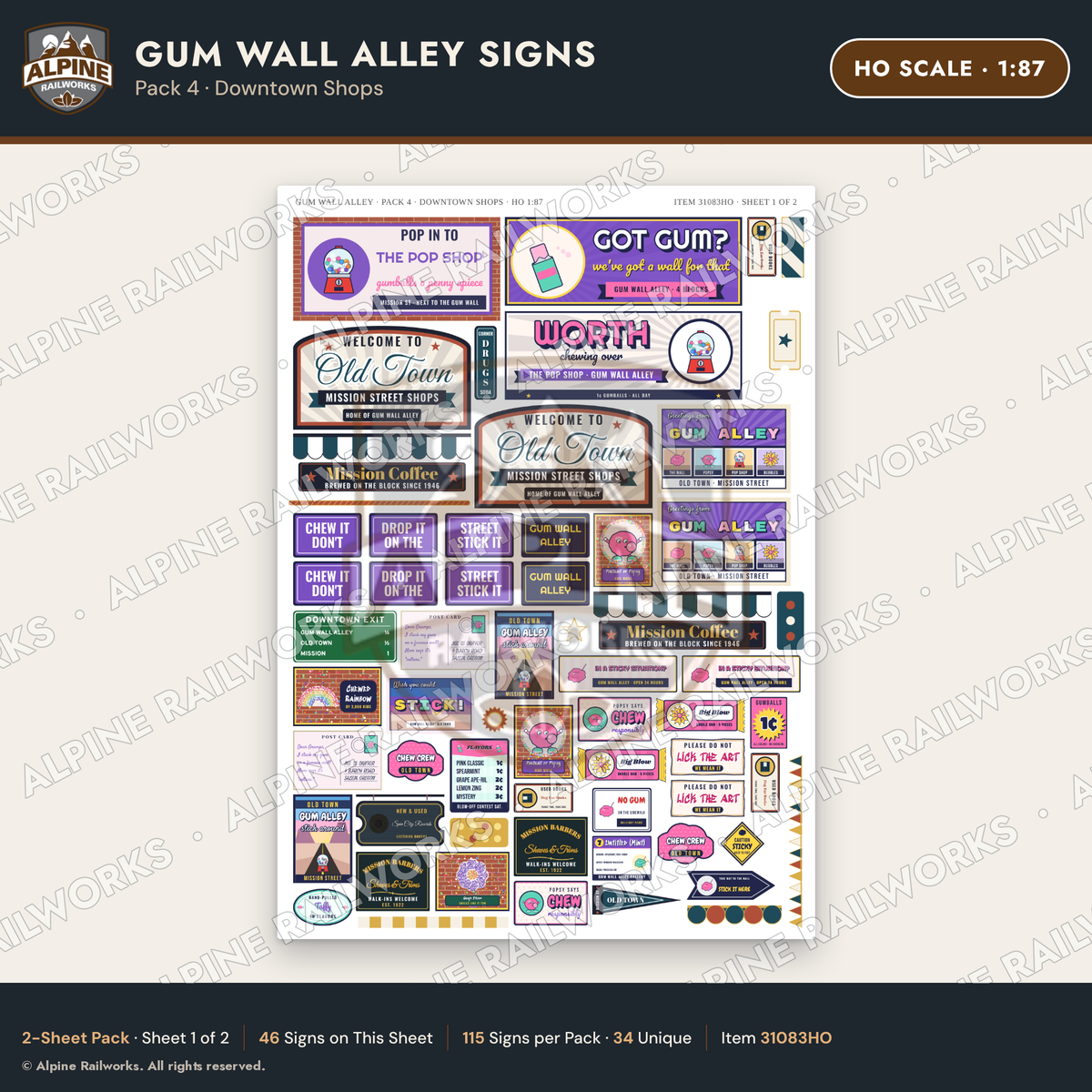 Alpine Railworks 31083HO HO Scale Roadside Signs - Bubblegum Alley