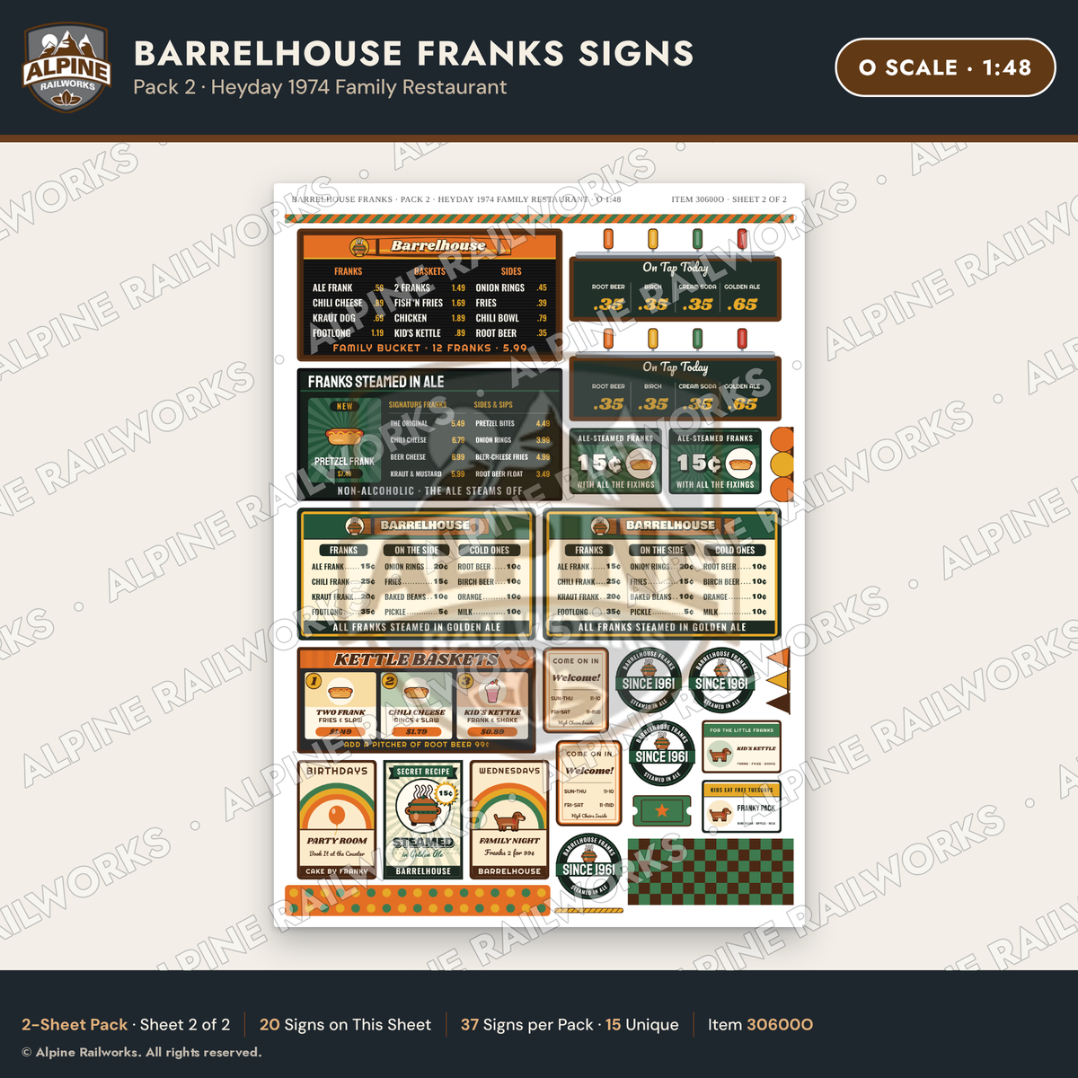 Alpine Railworks 30600O O Scale Fast Food Signs - Hot Dogs
