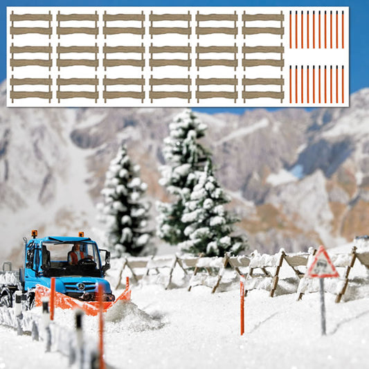 Busch 1120 HO Scale Snow Fences and Snow Marker Poles -- Laser-Cut Wood Kit - 18 Fence Sections, 20 Poles