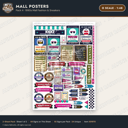 Alpine Railworks 30197O O Scale Mall Posters - 1990s Mall Fashion