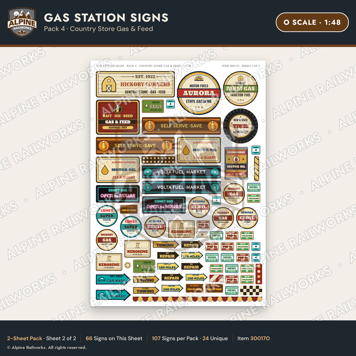 Alpine Railworks 30017O O Scale Gas Station Signs - Country Store Gas