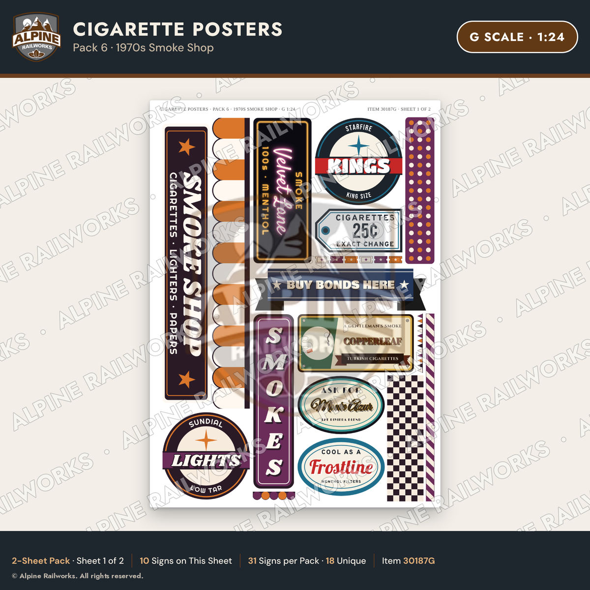 Alpine Railworks 30187G G Scale Cigarette Posters - 1970s Smoke Shop