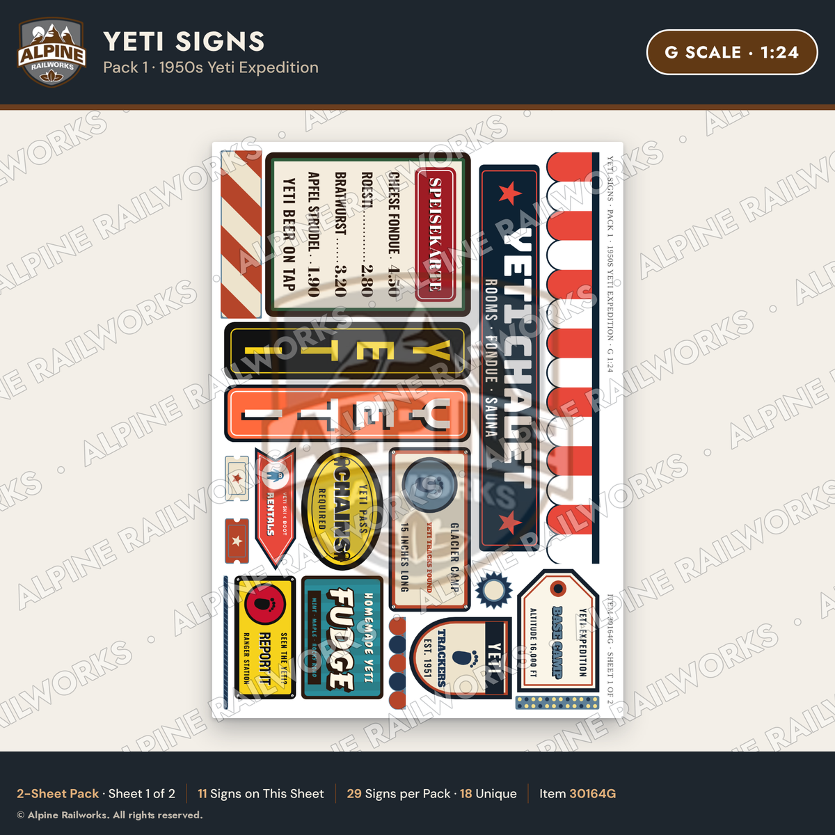Alpine Railworks 30164G G Scale Yeti Signs - 1950s Yeti Expedition