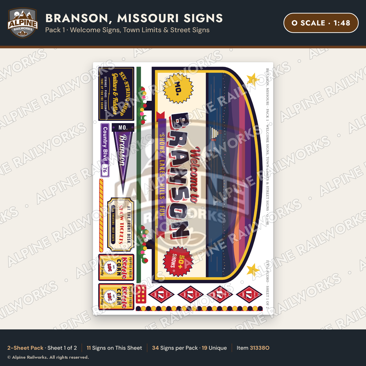 Alpine Railworks 31338O O Scale Branson MO Signs - Welcome Signs