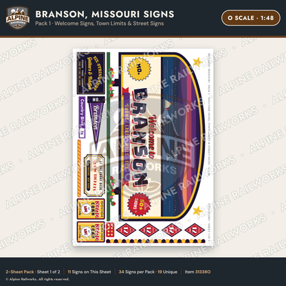 Alpine Railworks 31338O O Scale Branson MO Signs - Welcome Signs