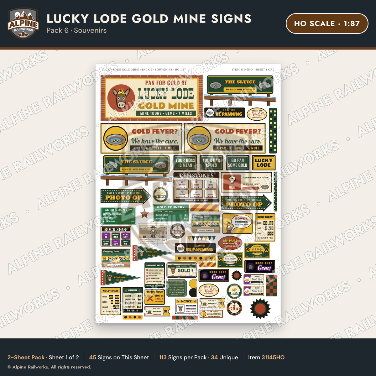 Alpine Railworks 31145HO HO Scale Roadside Signs - Gold Panning Mine